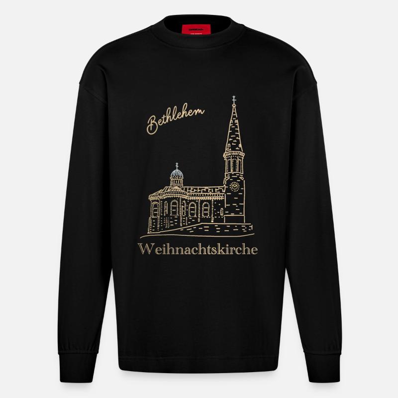 Weihnachtskirche Bethlehem Handzeichnung - Heavyweight Oversized Organic Langarmshirt Made in EU - SOLID BLACK