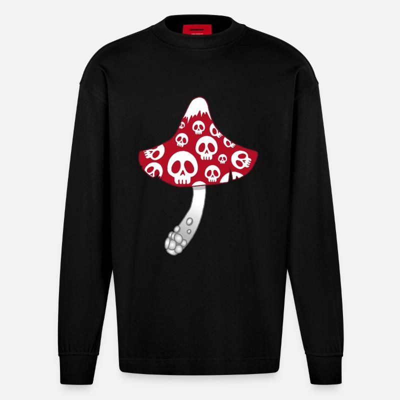 Champignon Rouge avec des crânes blancs - Manches longues bio épais oversize fabriqué en UE - SOLID BLACK