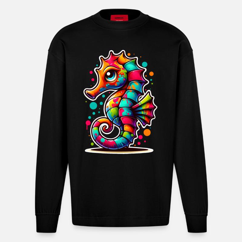 Seepferd Seepferdchen - Heavyweight Oversized Organic Langarmshirt Made in EU - SOLID BLACK