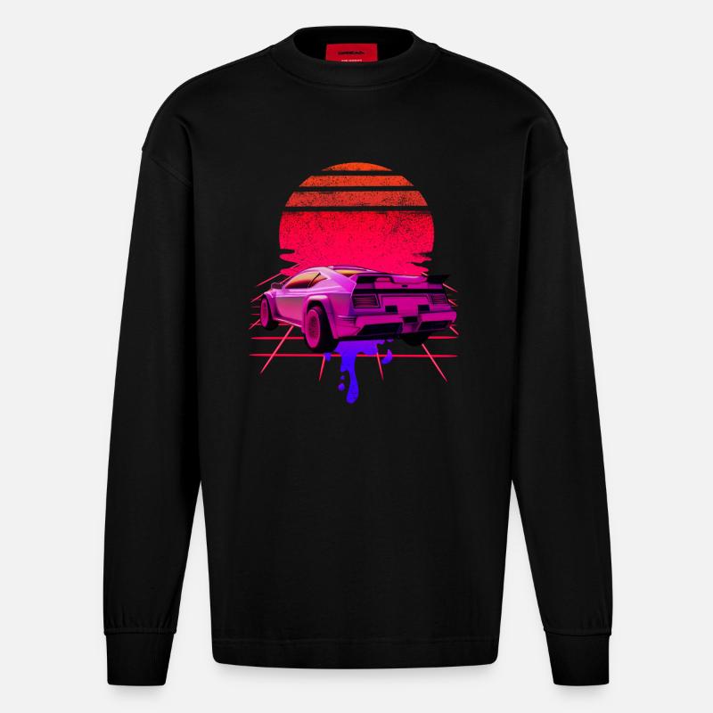 Retro Wave Supercar Sunset - Heavyweight Oversized Organic Langarmshirt Made in EU - SOLID BLACK