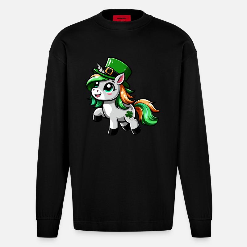 St. Patrick's Einhorn Cartoon - Heavyweight Oversized Organic Langarmshirt Made in EU - SOLID BLACK
