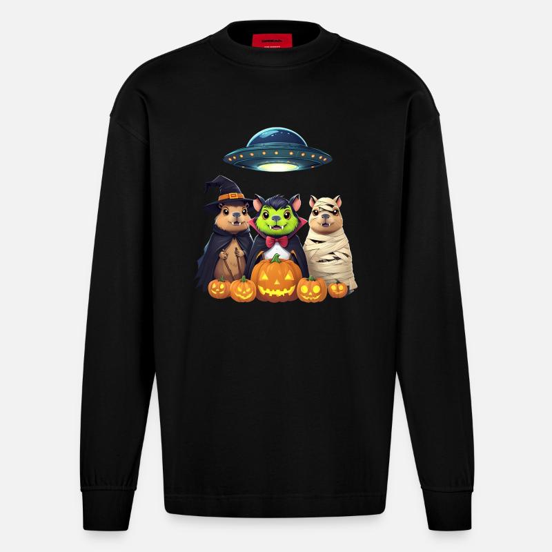 Halloween Capybara Hamster Geist Geschenkidee - Heavyweight Oversized Organic Langarmshirt Made in EU - SOLID BLACK