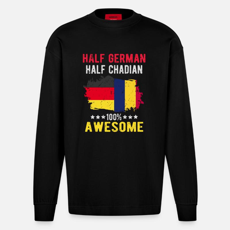 Half German Half Chader - Heavyweight Oversized Organic Longsleeve Shirt Made in EU - SOLID BLACK