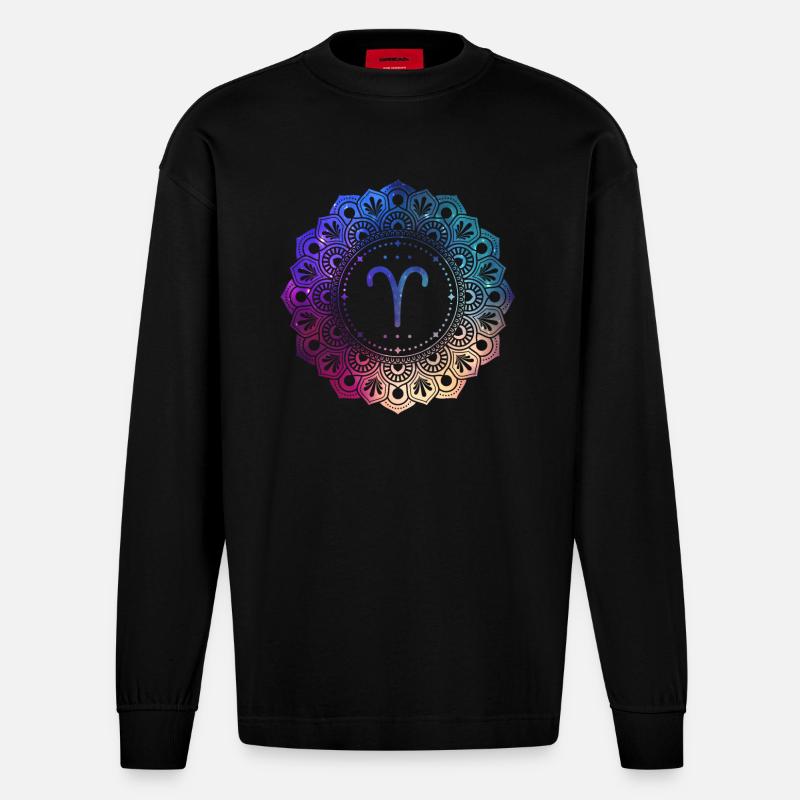 Widder Sternzeichen Symbol Mandala - Heavyweight Oversized Organic Langarmshirt Made in EU - SOLID BLACK