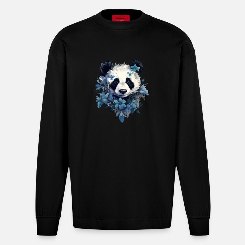 Conception de fleurs de panda - Manches longues bio épais oversize fabriqué en UE - SOLID BLACK