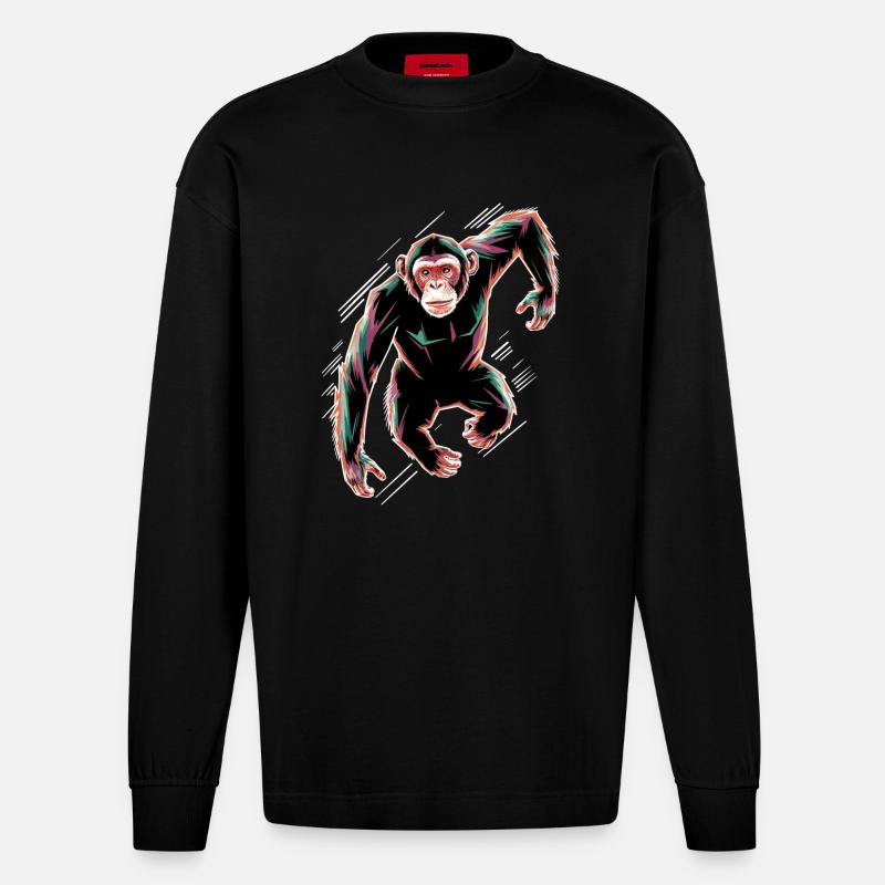 Dynamisches Schimpansen-Motiv - Heavyweight Oversized Organic Langarmshirt Made in EU - SOLID BLACK