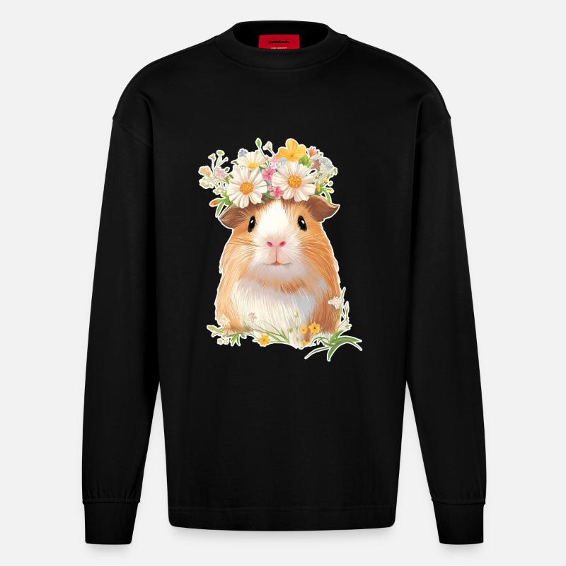 Cochon d’Inde avec des fleurs - Manches longues bio épais oversize fabriqué en UE - SOLID BLACK