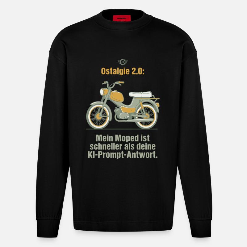 Ostalgie Moped. KI Prompt Spruch - Heavyweight Oversized Organic Langarmshirt Made in EU - SOLID BLACK