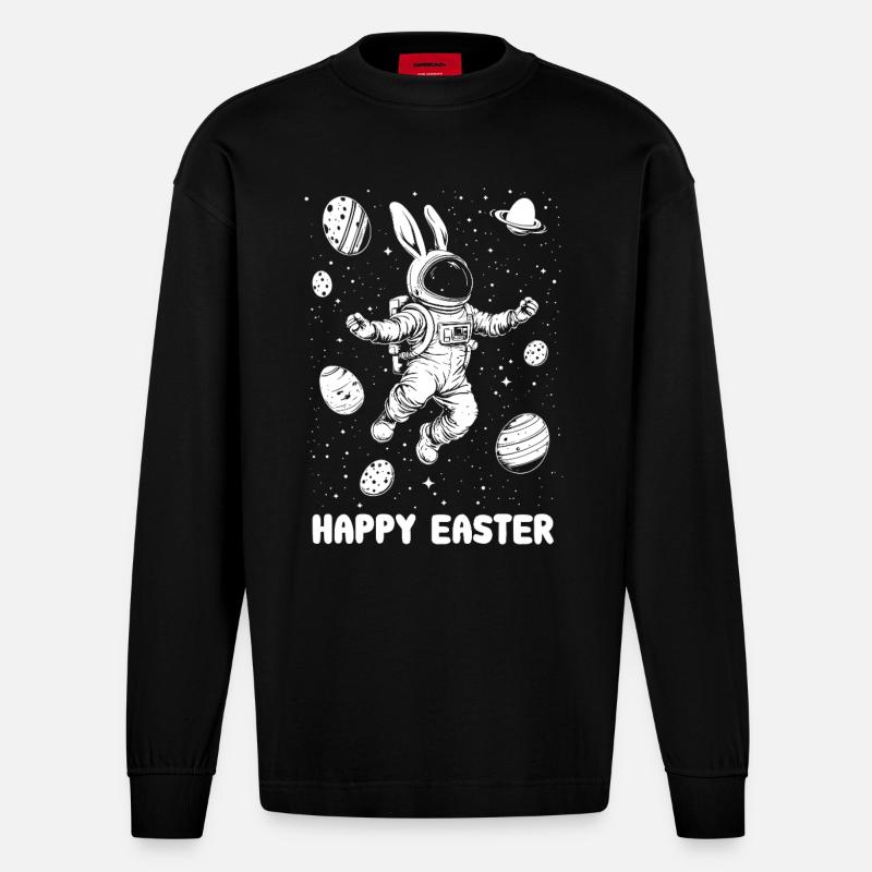 Happy Easter - Osterhase - Osterei - Weltall - Heavyweight Oversized Organic Langarmshirt Made in EU - SOLID BLACK
