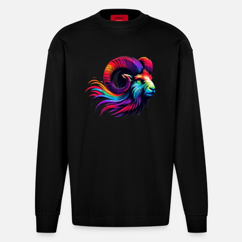 Widder Sternzeichen Lebendiges Regenbogen-Design - Heavyweight Oversized Organic Langarmshirt Made in EU - SOLID BLACK