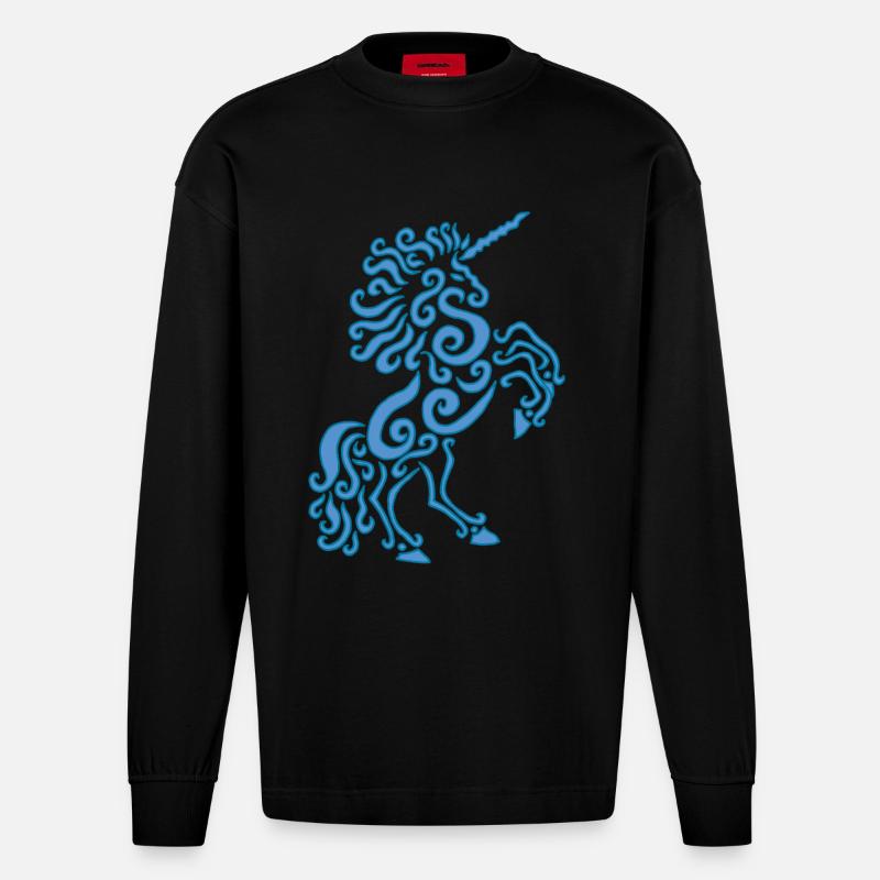 Blaues Einhorn Pferd - Heavyweight Oversized Organic Langarmshirt Made in EU - SOLID BLACK