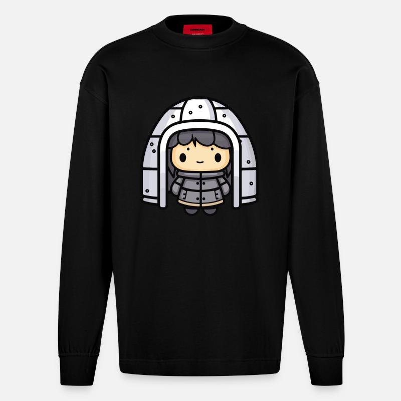 Iglu Eskimo Winter Comic - Heavyweight Oversized Organic Langarmshirt Made in EU - SOLID BLACK