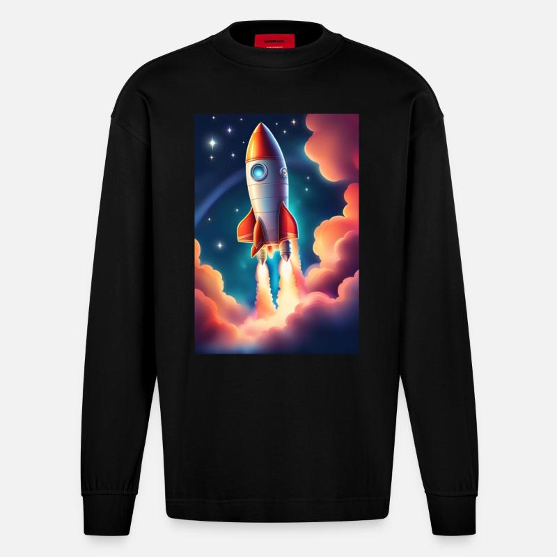 Fusée mignonne dans l’espace - Manches longues bio épais oversize fabriqué en UE - SOLID BLACK