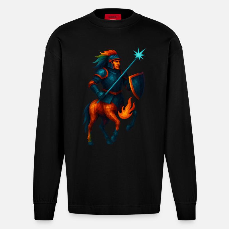 Animal de style WPAP - Centaure en armure avec lance laser - Manches longues bio épais oversize fabriqué en UE - SOLID BLACK