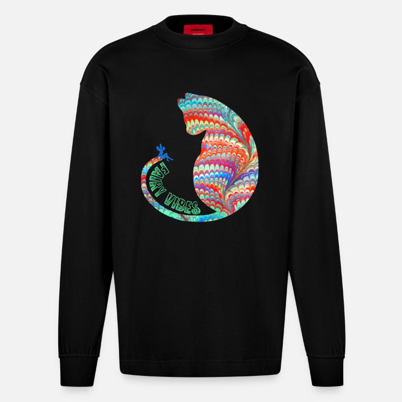 Chat avec fée E 72 - Manches longues bio épais oversize fabriqué en UE - SOLID BLACK