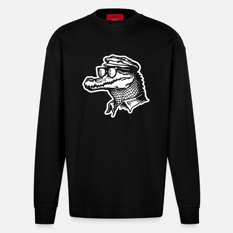 Krokodil Alligator - Heavyweight Oversized Organic Langarmshirt Made in EU - SOLID BLACK