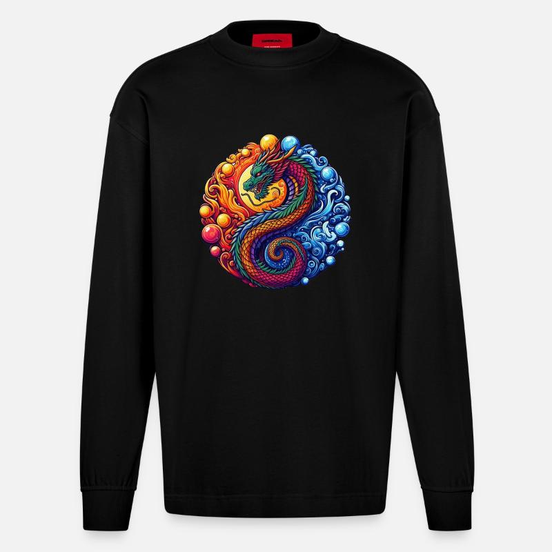 Lebendiger Yin-Yang-Drache - Heavyweight Oversized Organic Langarmshirt Made in EU - SOLID BLACK