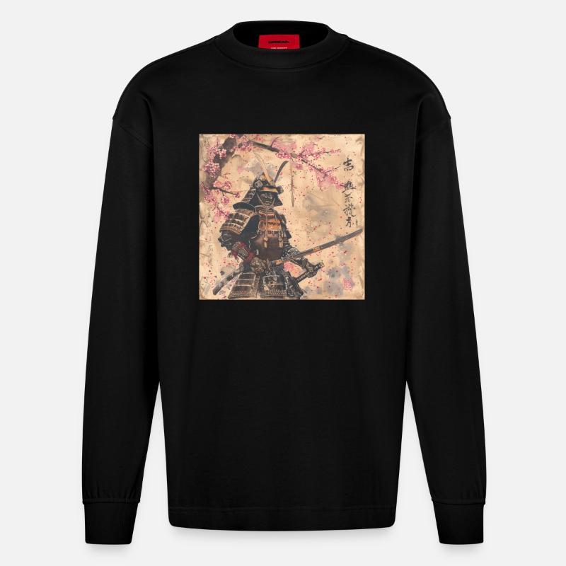 Japanisch, Samurai, Kirschblüte, Kunst, Ukiyo-E - Heavyweight Oversized Organic Langarmshirt Made in EU - SOLID BLACK