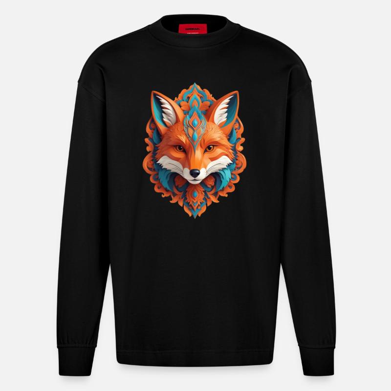 Cyber Fox Head - Heavyweight Oversized Organic Langarmshirt Made in EU - SOLID BLACK