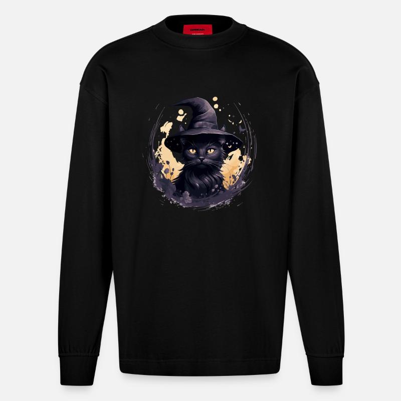 Schwarze Katze mit Hexenhut - Heavyweight Oversized Organic Langarmshirt Made in EU - SOLID BLACK