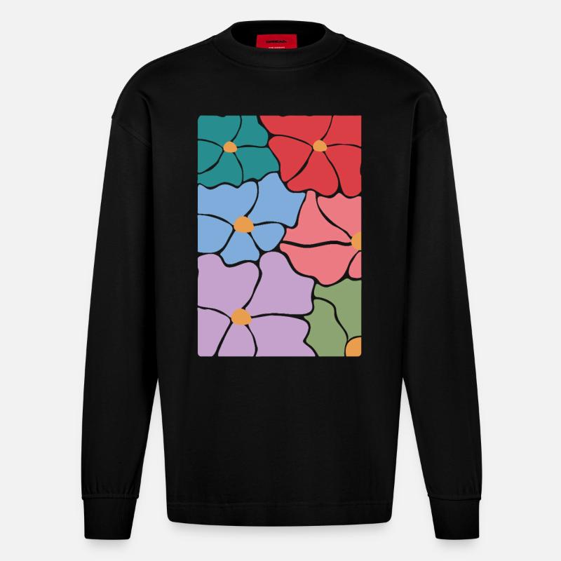 Boho Flora Blumen - Heavyweight Oversized Organic Langarmshirt Made in EU - SOLID BLACK