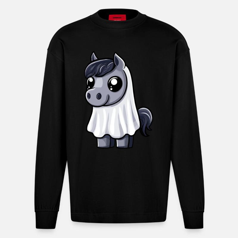 Pferd Halloween Comic Geist - Heavyweight Oversized Organic Langarmshirt Made in EU - SOLID BLACK