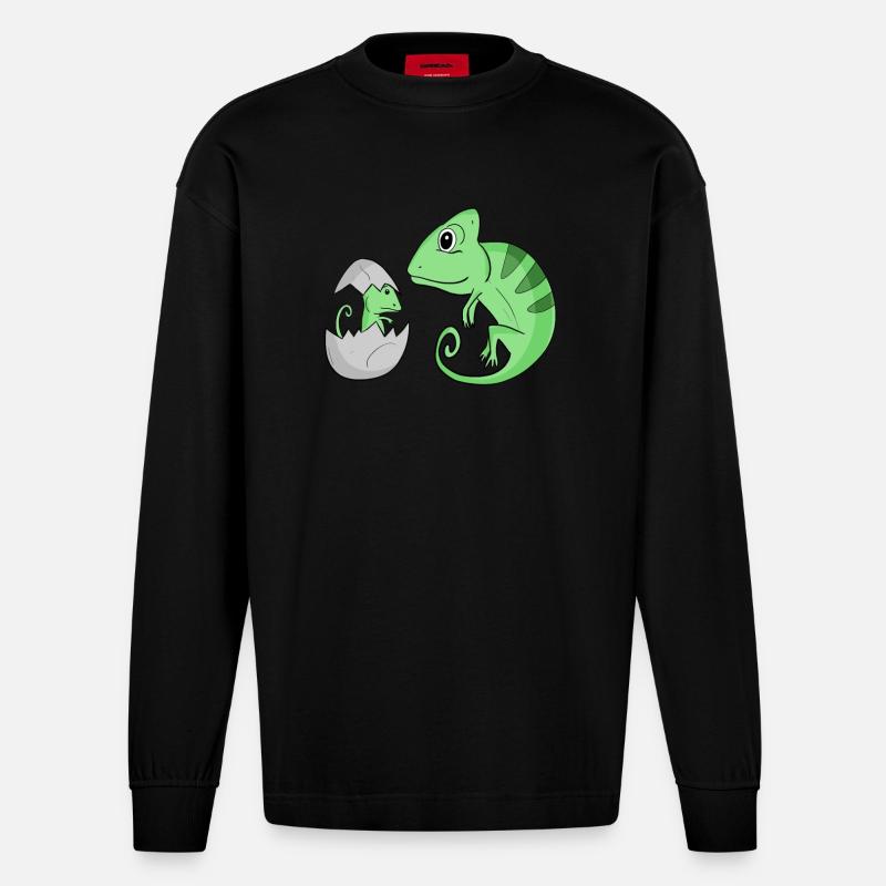 Caméléon avec bébé caméléon - Manches longues bio épais oversize fabriqué en UE - SOLID BLACK