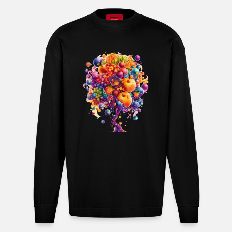 Bunte Weltenbaum Explosion - Heavyweight Oversized Organic Langarmshirt Made in EU - SOLID BLACK