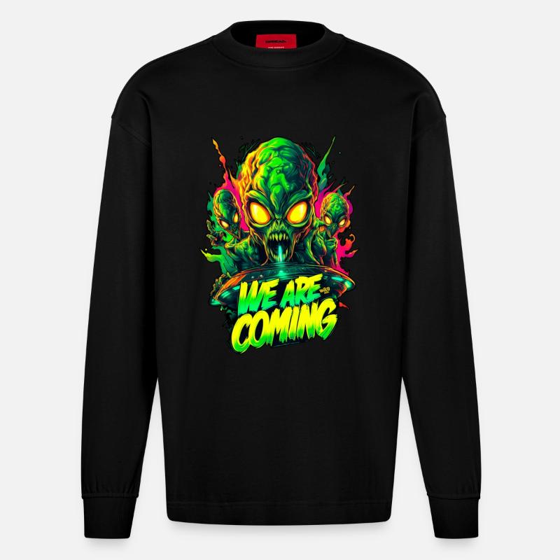 We are comming Aliens - Heavyweight Oversized Organic Langarmshirt Made in EU - SOLID BLACK