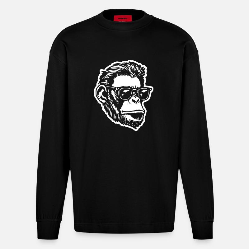 Singe Singe Visage de Singe - Manches longues bio épais oversize fabriqué en UE - SOLID BLACK