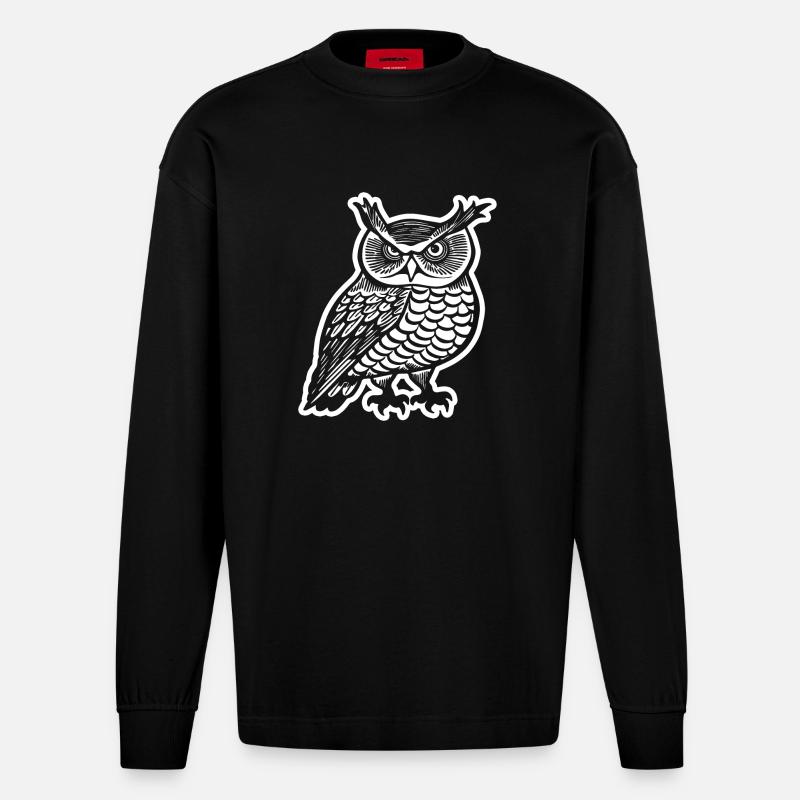 Eule Eulen Vogel - Heavyweight Oversized Organic Langarmshirt Made in EU - SOLID BLACK