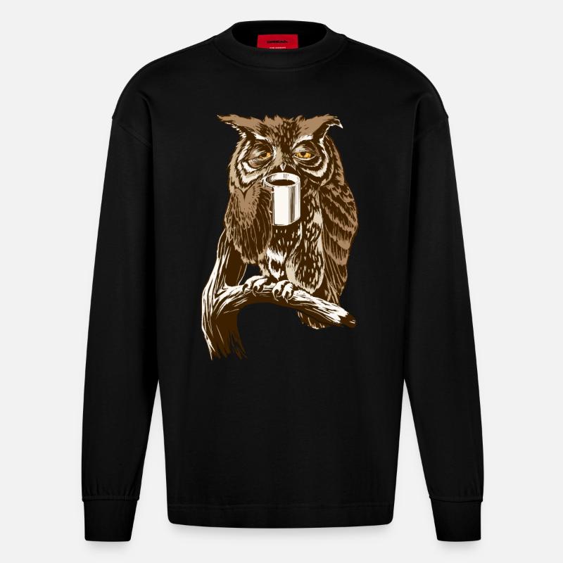 Kaffee-Eule braun - Heavyweight Oversized Organic Langarmshirt Made in EU - SOLID BLACK