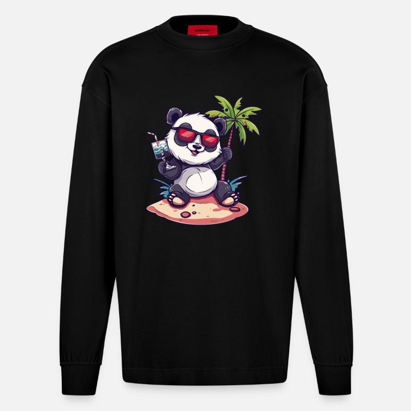 Panda Summer Beach Bande dessinée - Manches longues bio épais oversize fabriqué en UE - SOLID BLACK