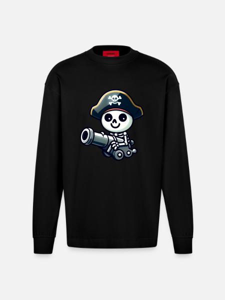 Pirate Skull - Skeleton Treasure - Heavyweight Oversized Organic Longsleeve Shirt Made in EU - SOLID BLACK