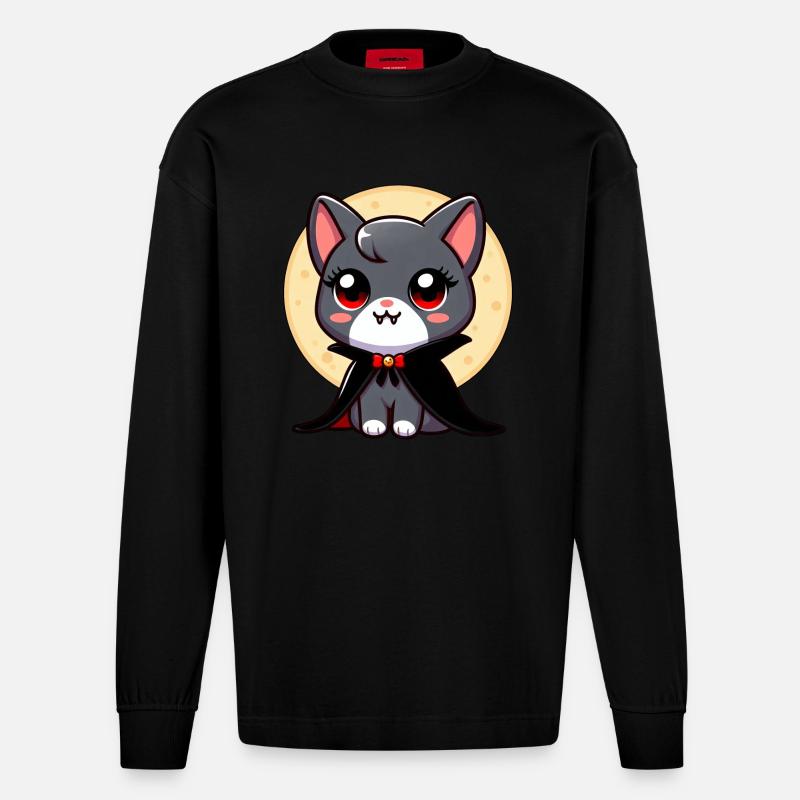 Halloween Chat Vampire Chauve-souris Mignon - Manches longues bio épais oversize fabriqué en UE - SOLID BLACK