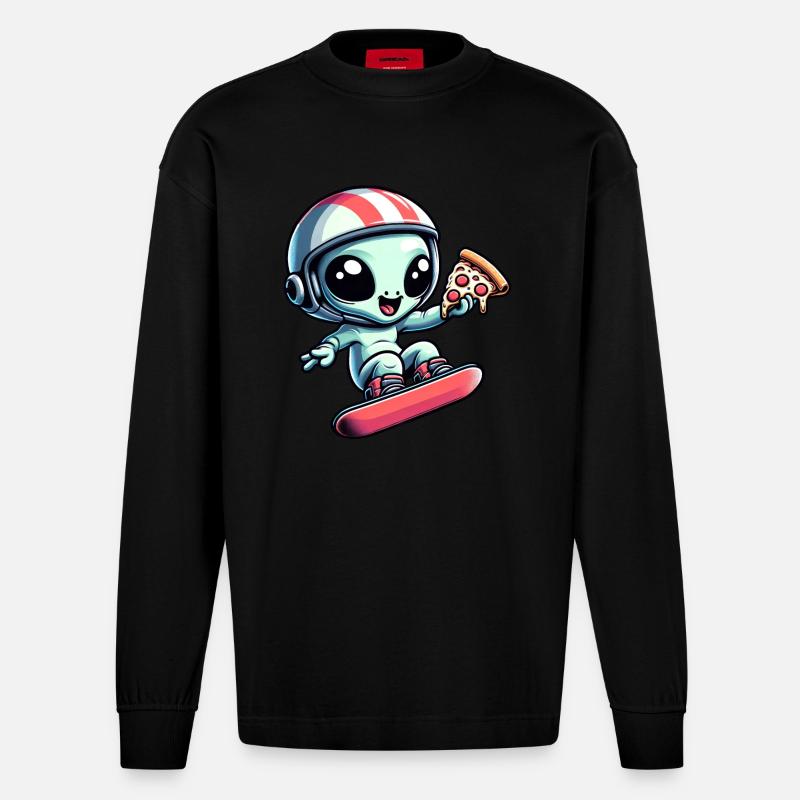 Süßes Comic Alien Snowboard Snowboarder - Heavyweight Oversized Organic Langarmshirt Made in EU - SOLID BLACK