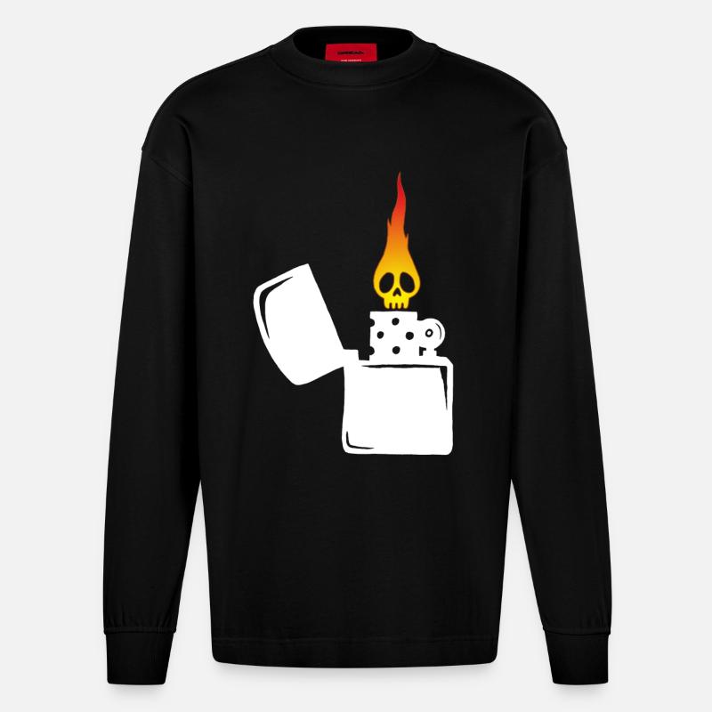 Flammenschädel und weißes Feuerzeug - Heavyweight Oversized Organic Langarmshirt Made in EU - SOLID BLACK