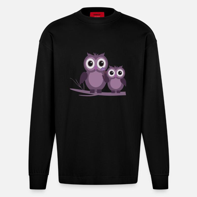 zwei Eulen Lila Pflaume Flieder - Heavyweight Oversized Organic Langarmshirt Made in EU - SOLID BLACK