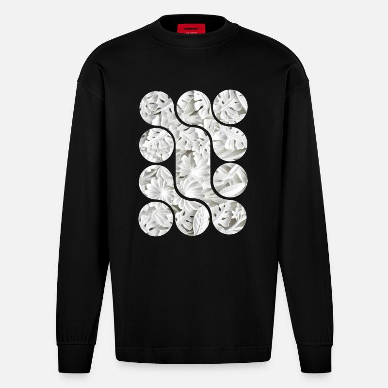 Motifs abstraits de feuilles blanches - Manches longues bio épais oversize fabriqué en UE - SOLID BLACK
