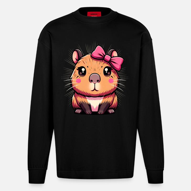 Mignon Capybara Nœud Rose Capybara - Manches longues bio épais oversize fabriqué en UE - SOLID BLACK