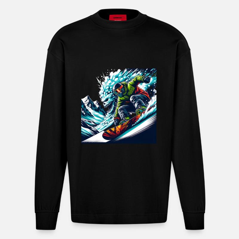 Adrenalinischer Snowboarder mit Drachenmotif - Heavyweight Oversized Organic Langarmshirt Made in EU - SOLID BLACK