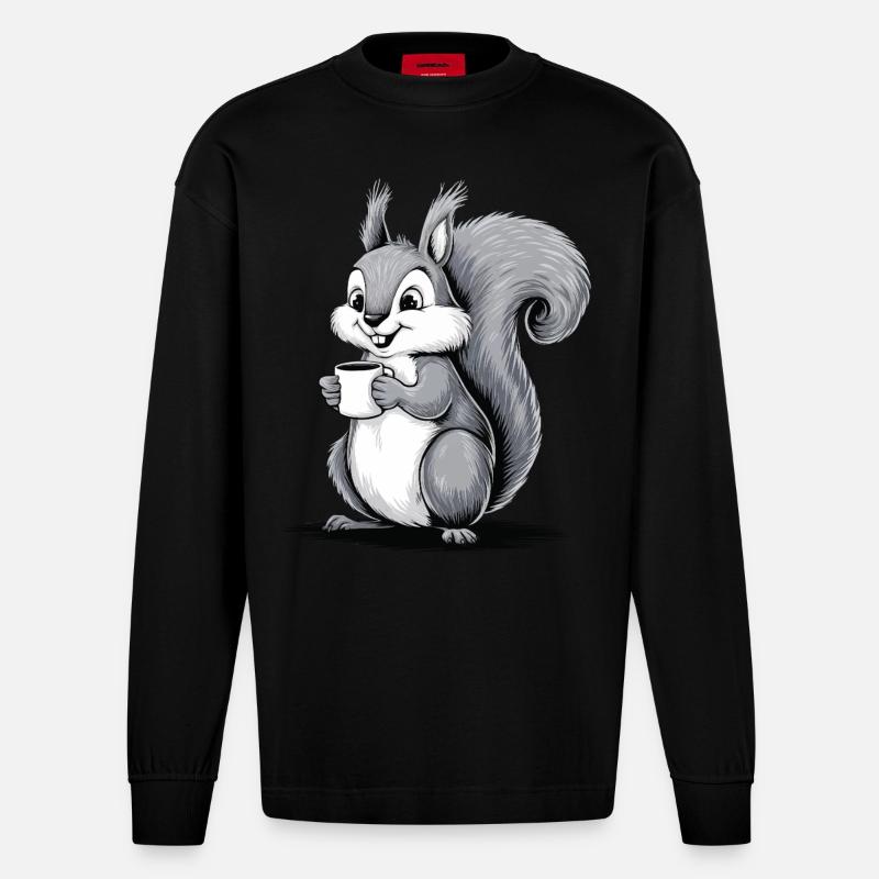 Eichhörnchen Eichhörnchen Kaffee trinken Koffein - Heavyweight Oversized Organic Langarmshirt Made in EU - SOLID BLACK