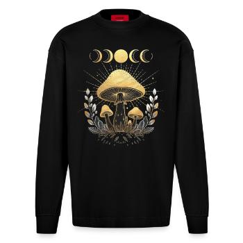 Mushroom Fungi Flower Floral Full Moon Half Moon - Heavyweight Oversized Organic Longsleeve Shirt Made in EU - SOLID BLACK - Front