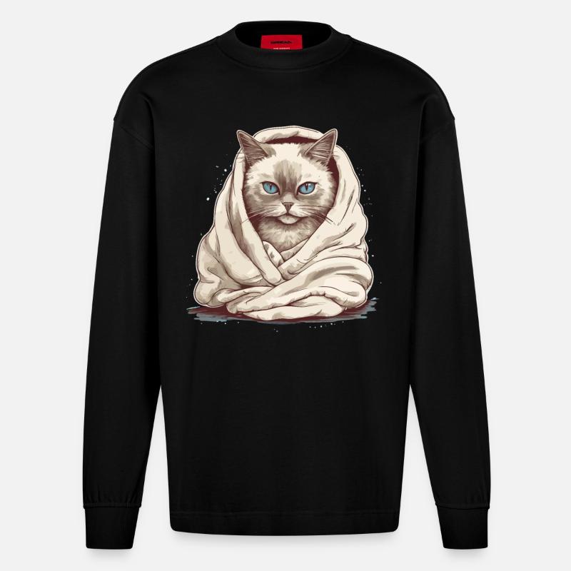 Katze in einer Decke - Heavyweight Oversized Organic Langarmshirt Made in EU - SOLID BLACK
