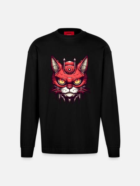 Urbaner Mecha-Tech-Kater-Katze - Heavyweight Oversized Organic Langarmshirt Made in EU - SOLID BLACK