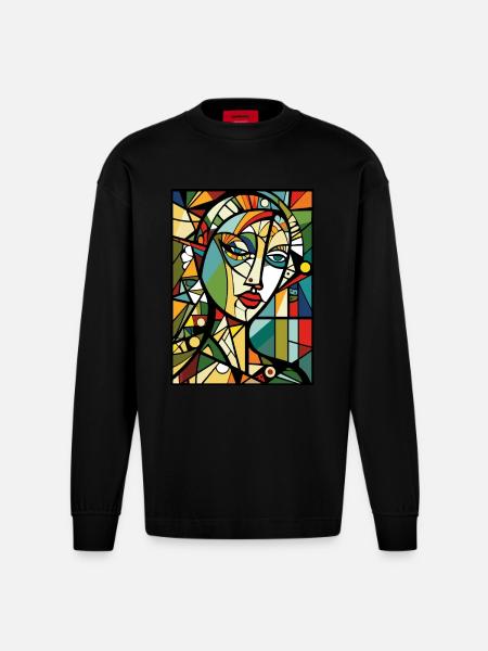Moderni abstrakti taide: naisen kasvot - Heavyweight Oversized Organic pitkähihainen paita Made in EU - SOLID BLACK