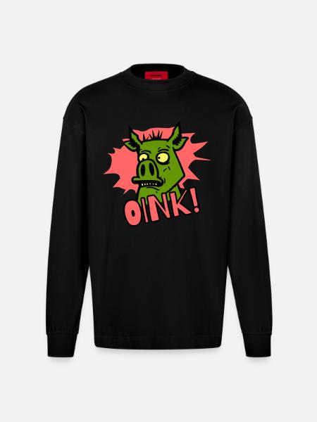 Oink! Cartoon Pig - Heavyweight Oversized Organic Longsleeve Shirt Made in EU - SOLID BLACK
