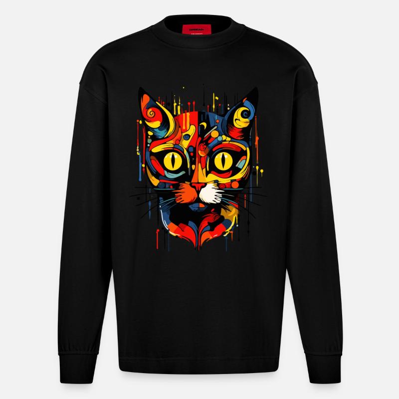abstrakte Kunst Katze - Heavyweight Oversized Organic Langarmshirt Made in EU - SOLID BLACK