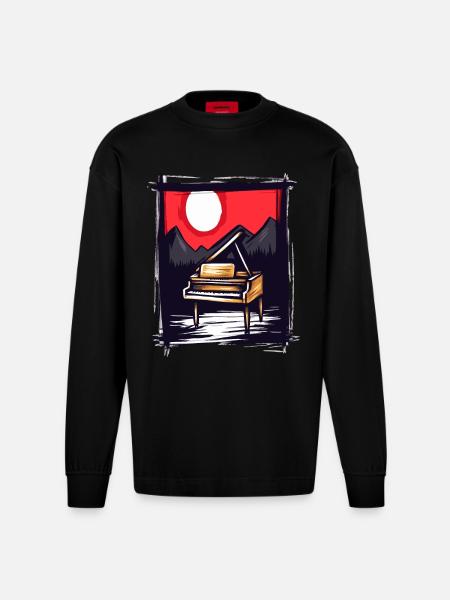 Japanese Red Sun: Nature Piano - Heavyweight Oversized Organic Longsleeve Shirt Made in EU - SOLID BLACK