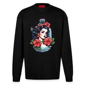 Tatouage de dessin animé classique et bouteille de parfum - Manches longues bio épais oversize fabriqué en UE - SOLID BLACK - Devant